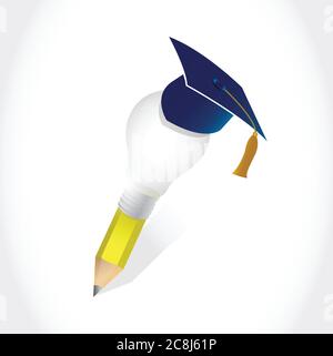 Cappello di graduazione e lampadina idea disegno di illustrazione a matita su uno sfondo bianco Illustrazione Vettoriale