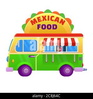 Camion cibo tradizionale messicano Taco. Icona del veicolo illustrazione vettoriale stile cartoon Illustrazione Vettoriale