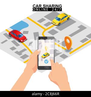 Ripartizione delle auto isometrica. Schermo smartphone con mappa della città e auto con punti di posizionamento. Servizio online per l'ordinazione di applicazioni mobili. Illustrazione vettoriale per Illustrazione Vettoriale