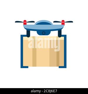 Concept, drone di servizio con scatola di pacchi, per la consegna dell'aria. Tecnologia moderna, futuro. Illustrazione vettoriale cartoon, isolata Illustrazione Vettoriale