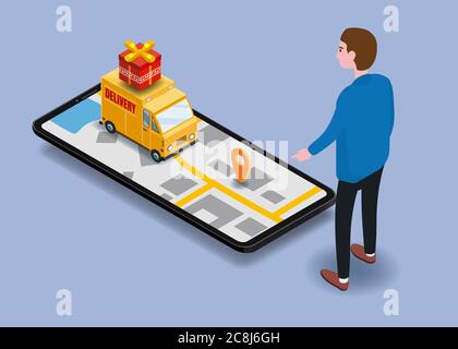 Isometria cargo consegna smartphone acquirente, furgone, camion, percorso di navigazione della mappa della città, punto di consegna, vettore, applicazione di navigazione GPS Illustrazione Vettoriale