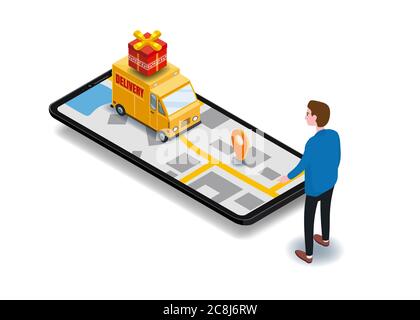 Isometria cargo consegna smartphone acquirente, furgone, camion, percorso di navigazione della mappa della città, punto di consegna, vettore, applicazione di navigazione GPS Illustrazione Vettoriale