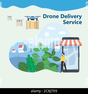 Il concetto di consegna del drone vola con la posta, la consegna di pacchi. Buon acquirente incontra il drone volante con il pacco. Design moderno Illustrazione Vettoriale