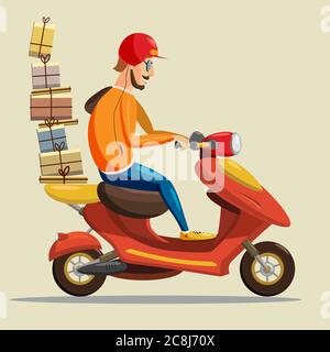 Consegna Boy Ride Scooter Servizio moto, Ordine, spedizione in tutto il mondo, trasporto veloce e gratuito, stile Cartoon, isolato Illustrazione Vettoriale