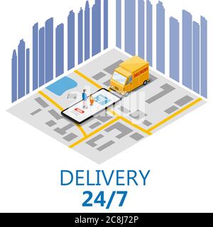 Isometria Express cargo delivery mappa di navigazione della città, smartphone acquirente, punto di consegna furgoni, camion, vettore, app di navigazione GPS, consegna Illustrazione Vettoriale