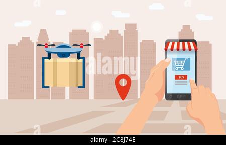Il concetto di consegna del drone vola con la posta, la consegna di pacchi. Una mano sta tenendo uno smartphone. Servizio di consegna online, monitoraggio Illustrazione Vettoriale