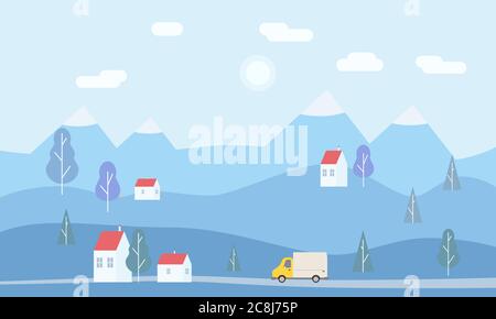 Paesaggio minimalista di montagne, alberi, case, sfondo. Servizio di consegna concept, atterraggio. Il camion di consegna corre sulla strada all'acquirente Illustrazione Vettoriale