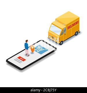 Isometria cargo consegna smartphone acquirente, furgone, camion, percorso di navigazione punto di consegna, vettore, applicazione di navigazione GPS, percorso di consegna di Illustrazione Vettoriale