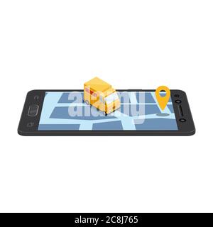 Concetto di consegna online e Shopping online. Smartphone con veicolo, applicazione mobile con illustrazione isometrica vettoriale 3d. Marketing concettuale. Vettore Illustrazione Vettoriale