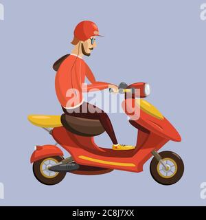 Consegna Boy Ride Scooter Servizio moto, Ordine, spedizione in tutto il mondo, trasporto veloce e gratuito, stile Cartoon, isolato Illustrazione Vettoriale