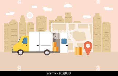 Consegna online delle merci, tracking online tracker. Smartphone, camion per la consegna dei pacchi, mappa, cronometro. Concetto, idea, vettore, illustrazione per il web Illustrazione Vettoriale