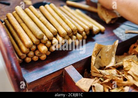 Primo piano delle mani rendendo il sigaro da foglie di tabacco. Produzione tradizionale di sigari. Repubblica Dominicana Foto Stock