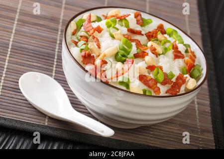 Il congee di Jook è un tipo di porridge di riso che è popolare in molte parti dell'Asia primo piano in una ciotola sul tavolo. Orizzontale Foto Stock