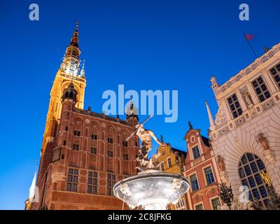 Fontana di Nettuno al mercato lungo a Gdansk Polonia Foto Stock