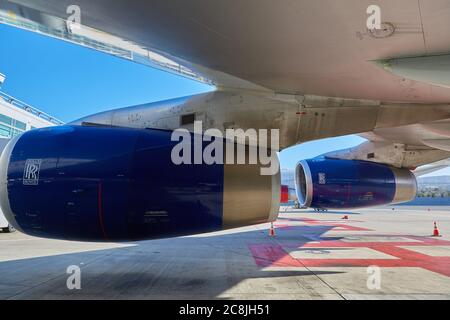 Jet Engines di un Boeing 747-400 della British Airways parcheggiato all'aeroporto internazionale di San Francisco, California, Stati Uniti. Foto Stock