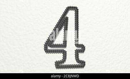 NUMERO 4 FATTO DI STELLE sulla parete. Illustrazione 3D di sculture metalliche su sfondo bianco con texture mite. Design e concetto Foto Stock
