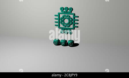 Illustrazione 3D della grafica della cpu e testo realizzato con lettere metalliche per i significati correlati del concetto e delle presentazioni. Computer e sfondo Foto Stock