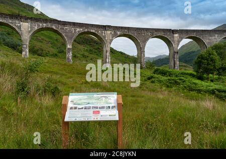 TRENO A VAPORE JACOBITE WEST HIGHLAND LINE SCOZIA IN VISTA ESTIVA DEL VIADOTTO GLENFINNAN E BACHECA Foto Stock