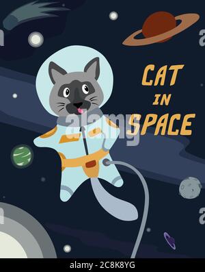 Un divertente astronauta di gatti nello spazio. Cartoni animati vettoriali. Illustrazione vettoriale modificabile. Illustrazione Vettoriale
