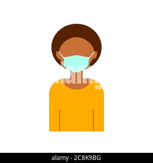 Donna d'affari afroamericana che indossa una maschera protettiva. Sicurezza sul luogo di lavoro. Prevenzione del coronavirus. Nessuna immissione senza maschera facciale. Vettore, piatto. Illustrazione Vettoriale