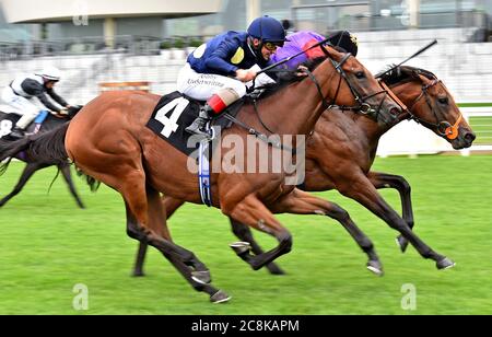 Star Cactus guidato da jockey Andrea Atzeni sul loro modo di vincere la Frimley NHS Foundation Ascot piloti volontari cameretta handicap Stakes presso l'ippodromo Ascot. Foto Stock