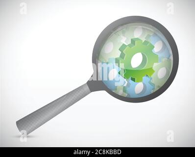 Ingrandisce il vetro e gli ingranaggi industriali. Disegno illustrativo su sfondo bianco Illustrazione Vettoriale
