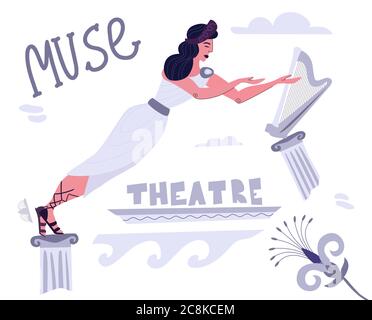Mitologia greca musa di tragedia e dramma, teatro e musica, ornamento greco Illustrazione Vettoriale