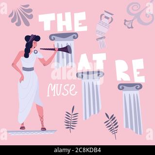 Mitologia greca musa di tragedia e dramma, teatro e musica, ornamento greco Illustrazione Vettoriale