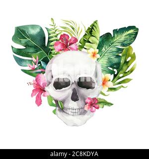Cranio acquerello umano con bouquet floreali tropicali. Giornata messicana dei morti. Illustrazione di tropic Head helloween vintage. Design retrò per la morte del tatuaggio Foto Stock