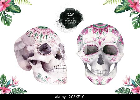 Cranio acquerello umano con bouquet floreali tropicali. Giornata messicana dei morti. Illustrazione di tropic Head helloween vintage. Design retrò per la morte del tatuaggio Foto Stock