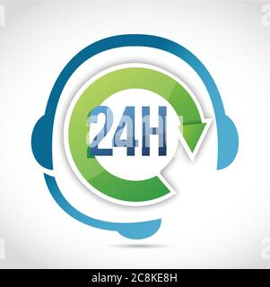 design dell'illustrazione dell'assistenza clienti 24 ore su 24 su sfondo bianco Illustrazione Vettoriale