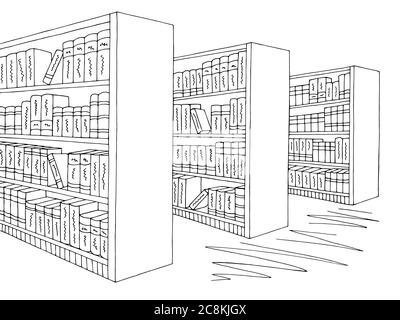 Grafico scaffale libreria grafica bianco nero illustrazione schizzo interno vettore Illustrazione Vettoriale