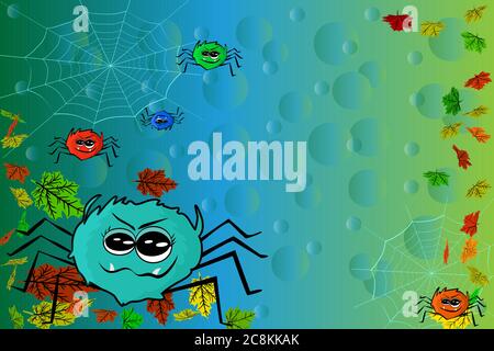 Carino spider adorabili di colore sul web, banner di stile halloween bambino, halloween felice party poster design, biglietto di auguri. Banner di vendita. Banner per discoun Illustrazione Vettoriale