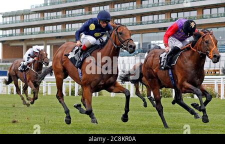 Star Cactus guidato da jockey Andrea Atzeni (centro) sulla loro strada per vincere la Frimley NHS Foundation Ascot piloti volontari cameretta handicap Stakes presso l'ippodromo Ascot. Foto Stock