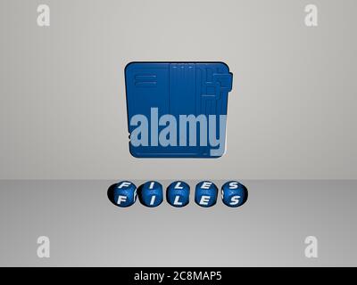 Rappresentazione 3D di file con icona sulla parete e testo disposto da lettere cubiche metalliche su un pavimento a specchio per significato concettuale e presentazione presentazione slideshow. Illustrazione e business Foto Stock