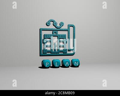 Immagine grafica 3D del PIANO in verticale insieme al testo realizzato da lettere cubiche metalliche dalla prospettiva superiore, eccellente per la presentazione concettuale e le presentazioni. Business e illustrazione Foto Stock