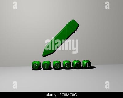 Rappresentazione 3D DELLA MATITA con icona sulla parete e testo disposto da lettere cubiche metalliche su un pavimento a specchio per il significato concettuale e la presentazione della presentazione. Illustrazione e sfondo Foto Stock