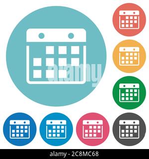 Icona calendario a visualizzazione piatta impostata su sfondo rotondo. 8 varianti di colore incluse con il tema chiaro Illustrazione Vettoriale