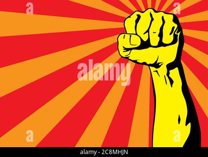 La prima mano maschile, simbolo di protesta proletaria. Pugno clenched tenuto in protesta. Segnale di alimentazione. Illustrazione vettoriale Illustrazione Vettoriale