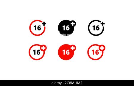 Set di icone per sedici anni. Solo per i 16 anni, segno di limitazione dell'età. Vettore su sfondo bianco isolato. EPS 10 Illustrazione Vettoriale
