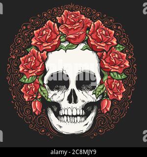 Tatuaggio umano di cranio e di corona di fiori di rosa. Los muertos. Illustrazione vettoriale. Illustrazione Vettoriale