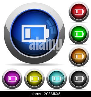 Set di pulsanti rotondi lucidi per batterie in esaurimento. Struttura di livello ordinata. Illustrazione Vettoriale