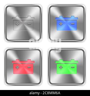 Icone colorate delle batterie incise sui pulsanti in acciaio lucido. Illustrazione Vettoriale