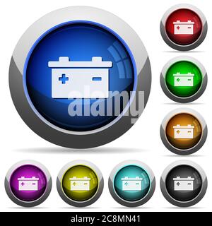 Set di pulsanti rotondi lucidi per batterie. Struttura di livello ordinata. Illustrazione Vettoriale