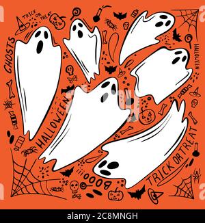 Personaggio fantasma. Halloween spaventoso mostro spettrale, spok di boo morto e simpatico divertente boohoo spooky mosca anime o orrore curioso diavolo fantasma costume isolat Illustrazione Vettoriale