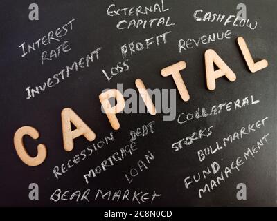 Parola maiuscola presentata su tavola di gesso con una collezione di alfabeti in legno su sfondo educativo nero. Foto Stock