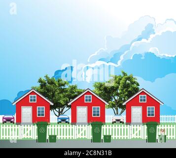Fila di case residenziali distaccate su una strada di periferia con bidoni di riciclaggio verde fuori pronto per la raccolta contro un cielo blu nuvoloso Foto Stock