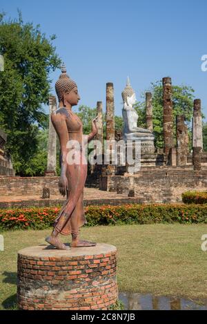 Una vecchia scultura di un Buddha che cammina sulle rovine del tempio buddista Wat SA si. Sukhothai, Tailandia Foto Stock