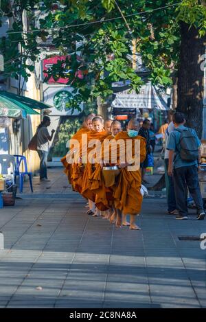 BANGKOK, THAILANDIA - 27 DICEMBRE 2018: I giovani monaci buddisti vanno alla collezione di elemosine (binthabat) in una mattinata soleggiata Foto Stock