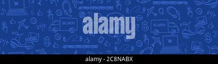 Bordo orizzontale tracciato a mano per la consegna. Elementi di spedizione Doodle su sfondo blu. Illustrazione vettoriale. Illustrazione Vettoriale